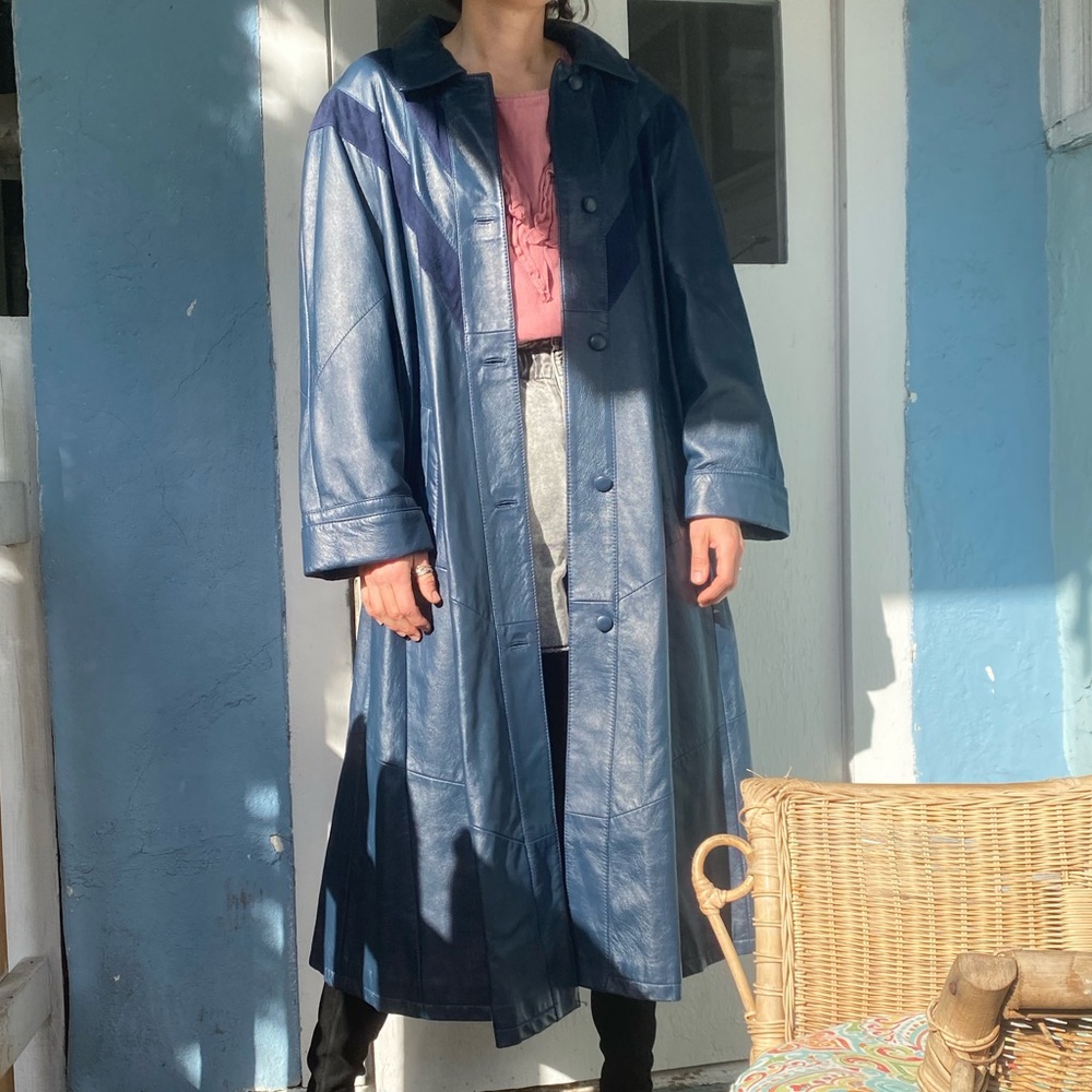 Vintage 90s y2K Blue Leather Long Trench Coat goth cosplay made in Czech Rep